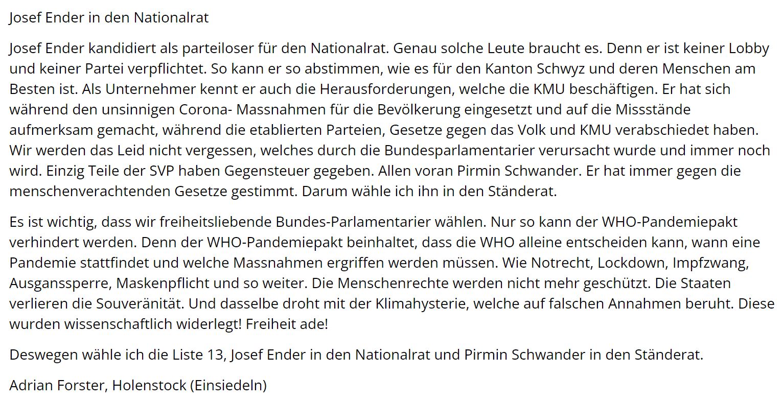 Leserbrief von Adrian Forster im EinsiedlerAnzeiger am 13.10.23