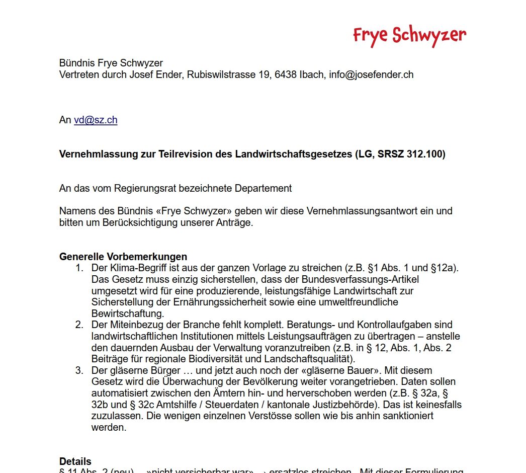 Vernehmlassungsantwort zur Teilrevision des Landwirtschaftsgesetzes