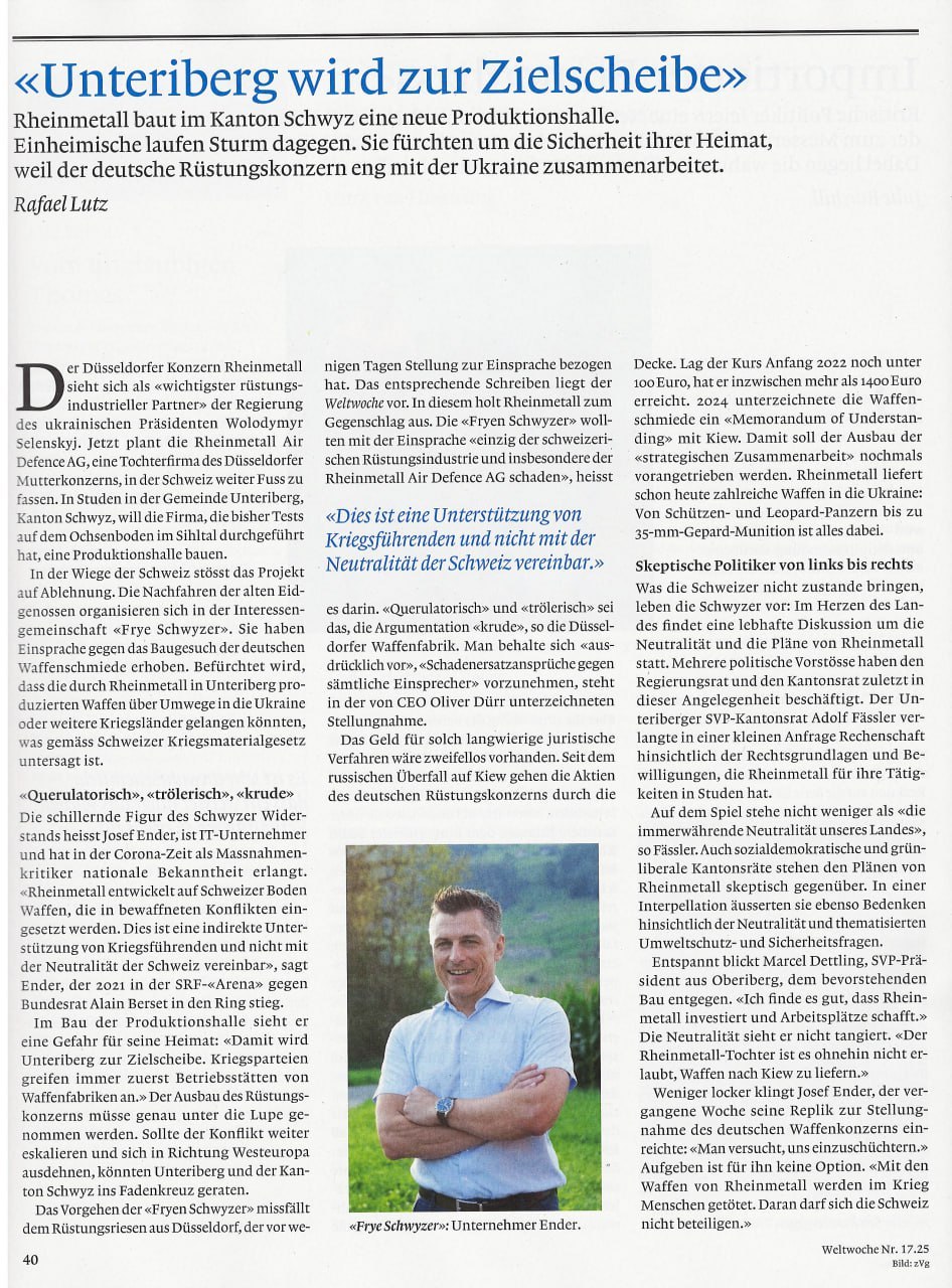 Medienbericht in der Weltwoche 23.4.2025