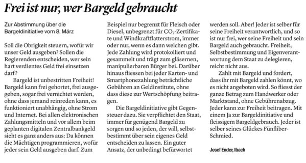 LeserbriefBargeld Leserbrief: Frei ist nur, wer Bargeld gebraucht