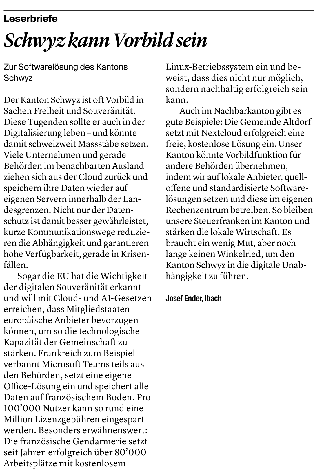 Leserbrief Schwyz kann Vorbild sein