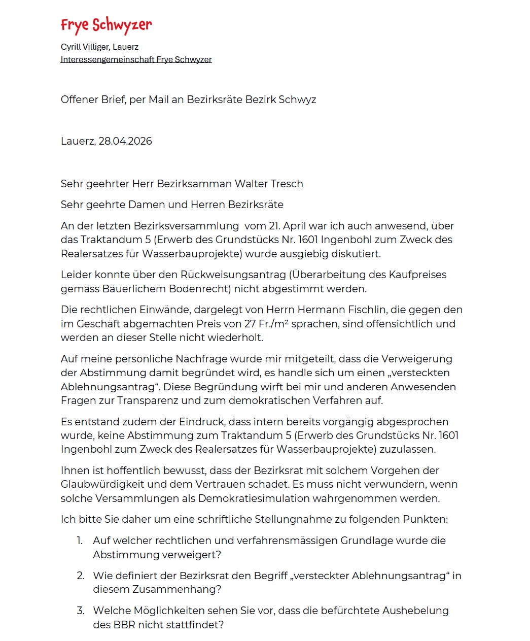 Medienmitteilung: Offener Brief an Bezirksrat Schwyz