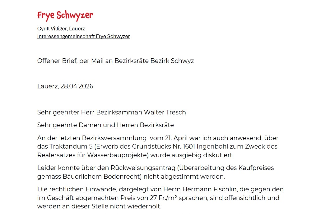 Medienmitteilung: Offener Brief an Bezirksrat Schwyz