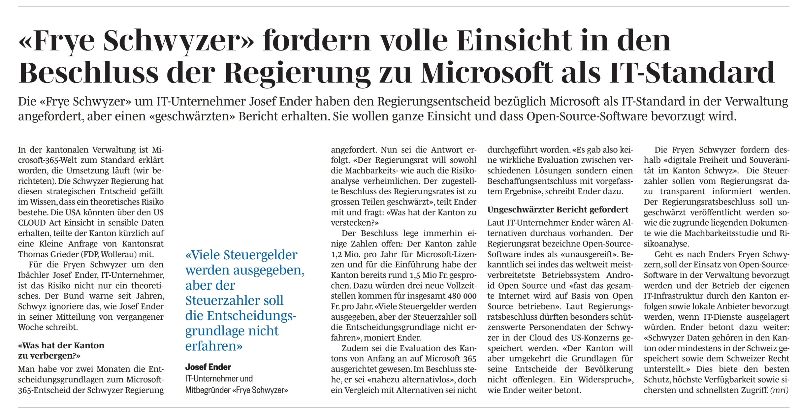 March Anzeiger / Höfner Volksblatt greifen unsere Medienmitteilung auf